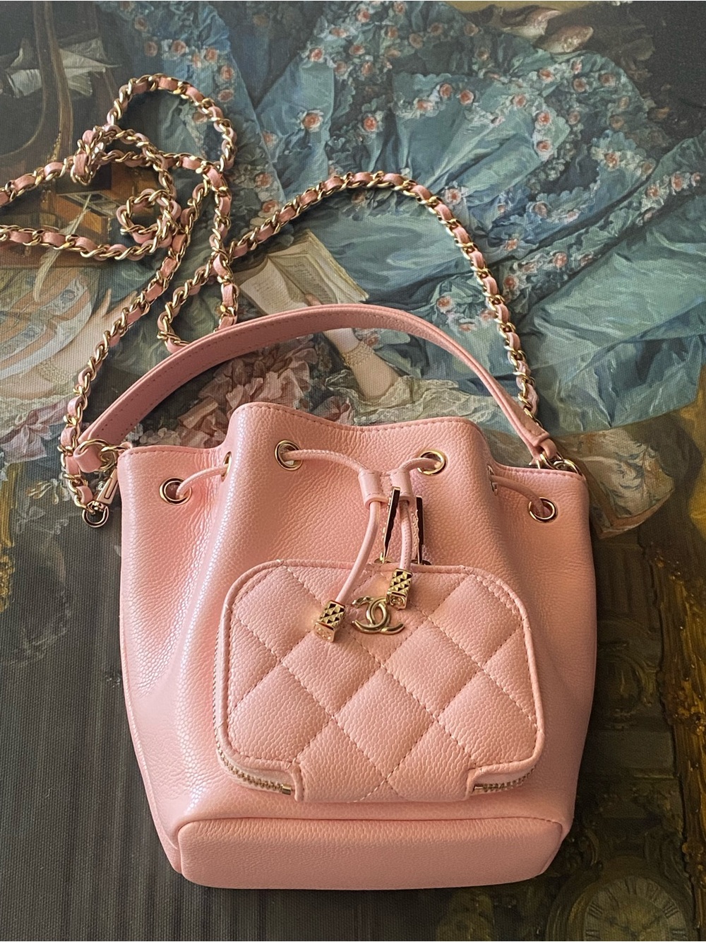 Authentic Chanel Mini Top Handle Bucket Bag with Chain Pink